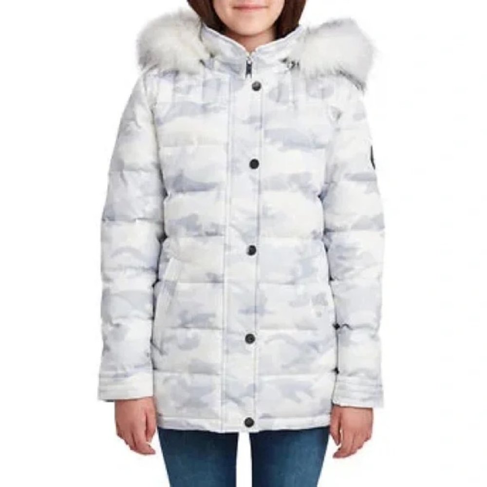 NWT Girls HFX Puffer Coat White Camouflage Faux Fur Hood M